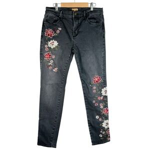 DRIFTWOOD Women's Skinny Jeans with Red & White Floral Embroidery - Charcoal